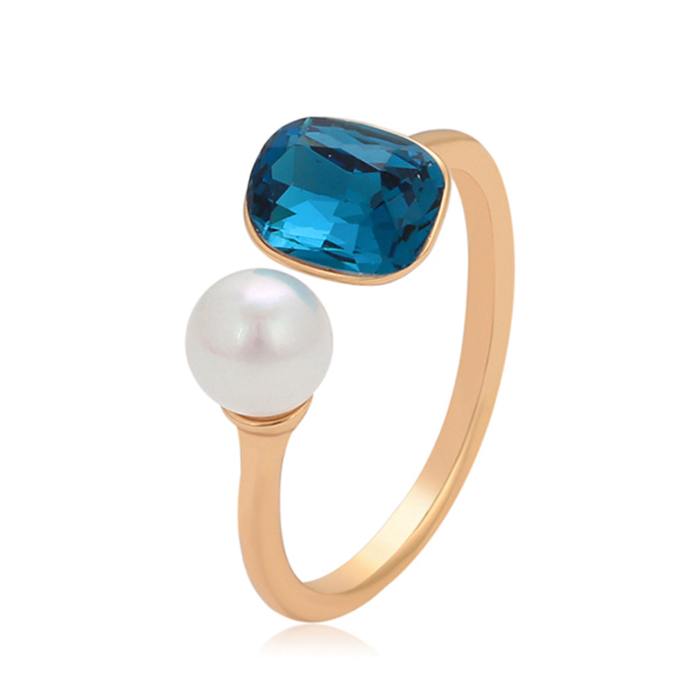 Anillo de Aleación Bañado en Oro con Perla de cristal y Cristal Emporia® Azul