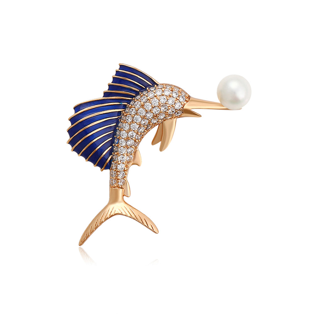 Broche de Aleación Bañado en Oro con Cristal Emporia® Blanco y Perla de cristal 1 