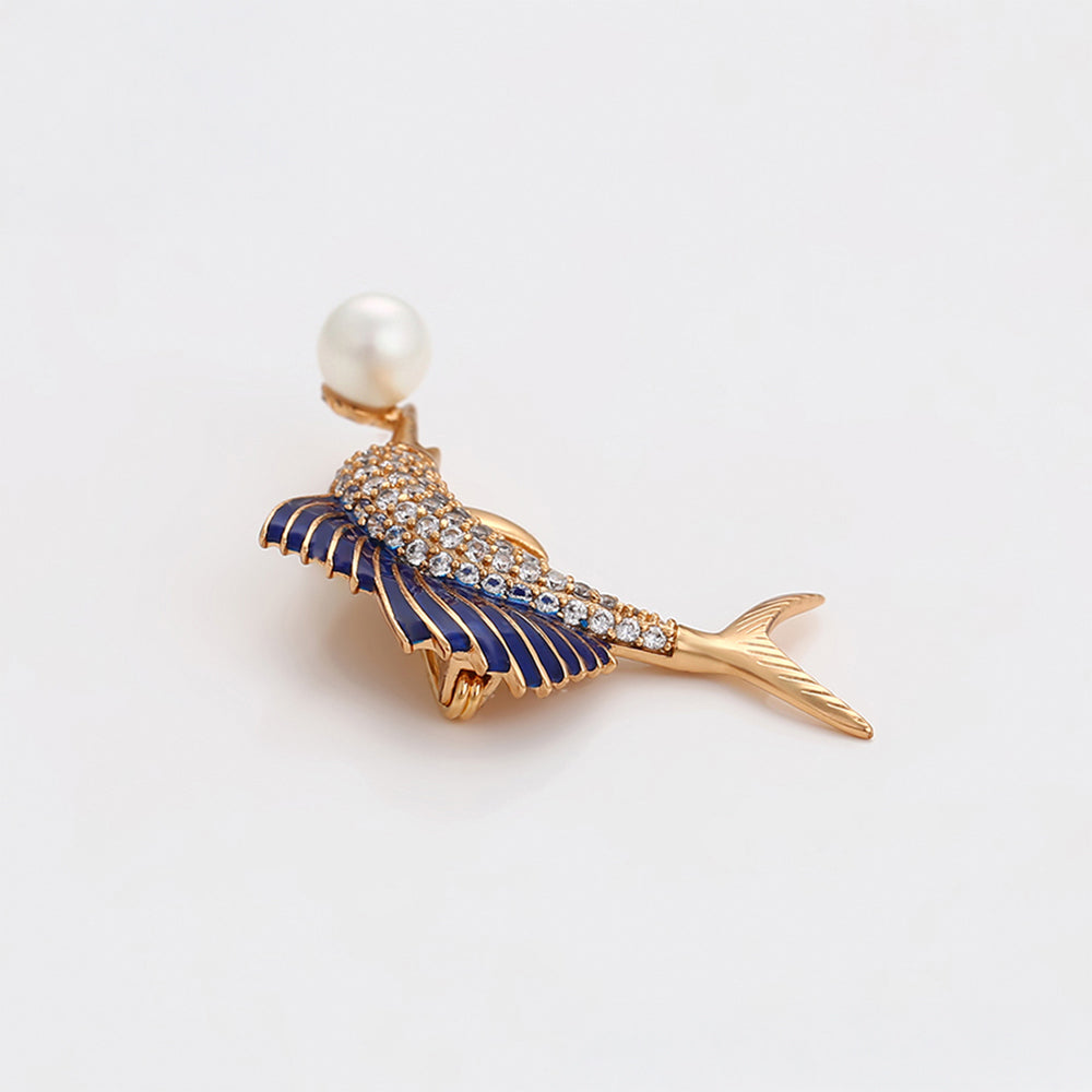 Broche de Aleación Bañado en Oro con Cristal Emporia® Blanco y Perla de cristal
