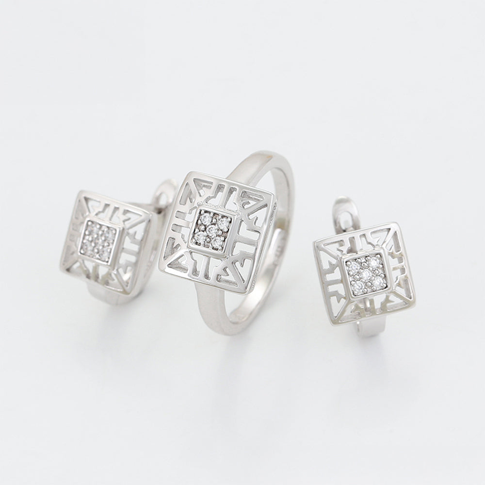 Conjunto de Aleación Bañado en Oro con Cristal Emporia® Blanco ( Pendientes +Anillo ) 9 