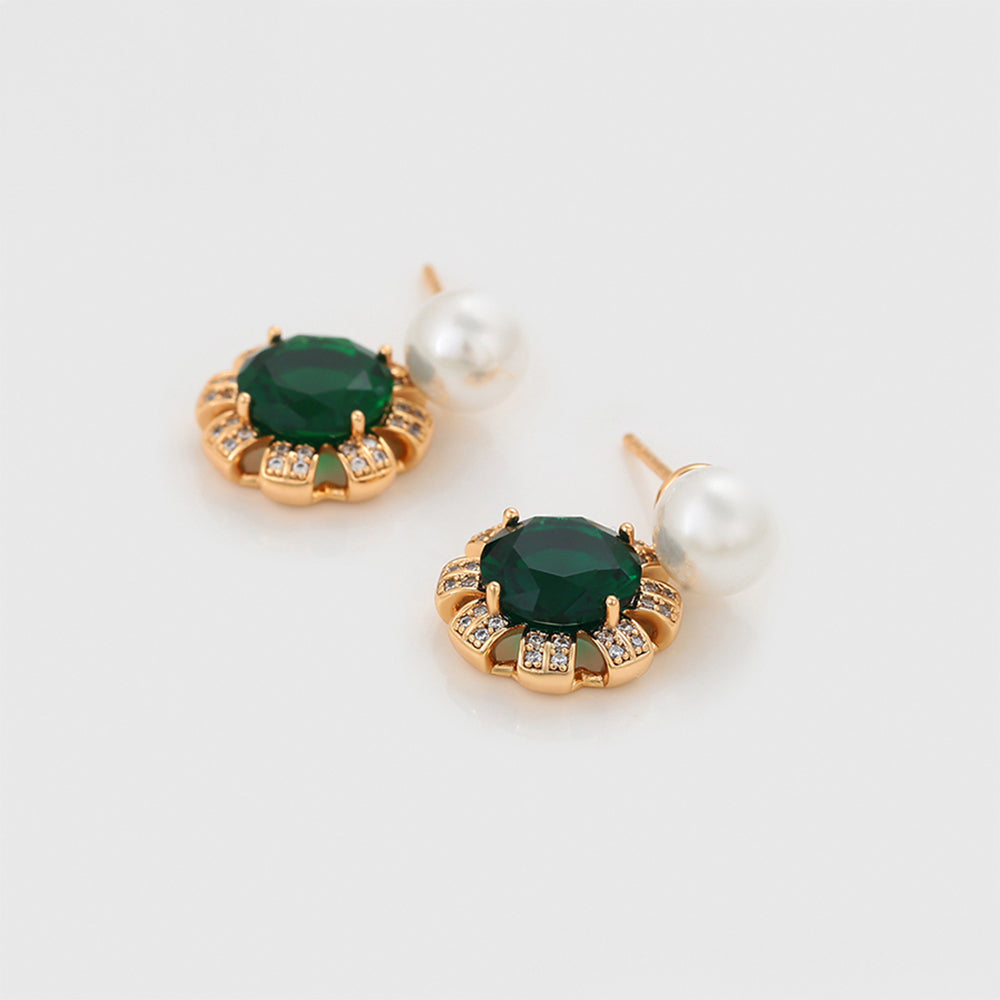 Conjunto de Aleación Bañado en Oro con Cristal Emporia® Verde y Perla de cristal ( Pendientes +Anillo +Colgante )
