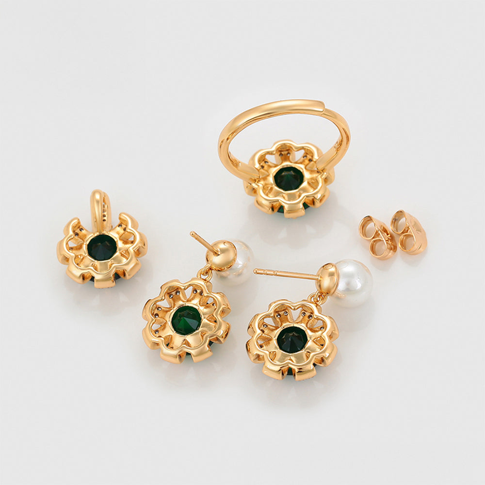 Conjunto de Aleación Bañado en Oro con Cristal Emporia® Verde y Perla de cristal ( Pendientes +Anillo +Colgante )