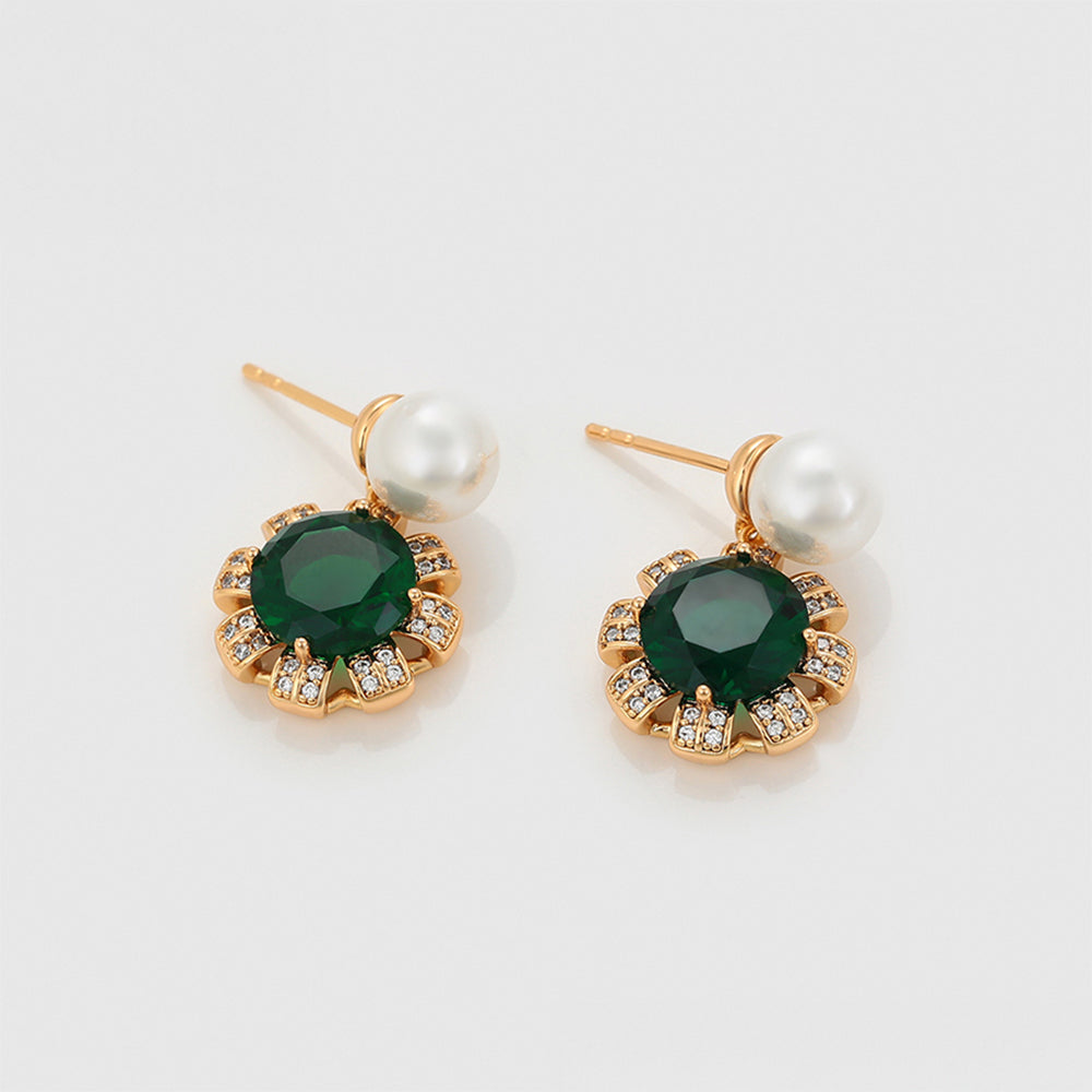 Conjunto de Aleación Bañado en Oro con Cristal Emporia® Verde y Perla de cristal ( Pendientes +Anillo +Colgante )