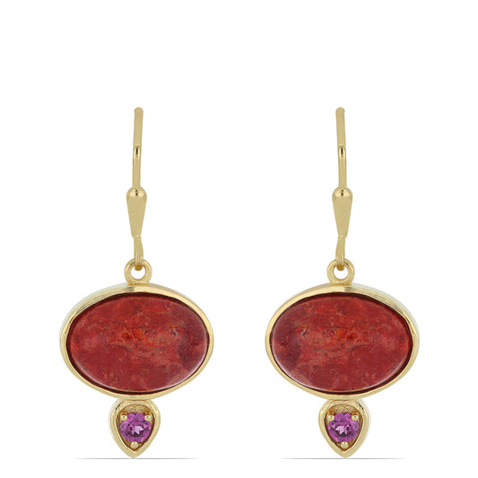 Pendientes de Plata Bañada en Oro con Coral de Esponja Roja y Granate Rodolita de Minas Gerais