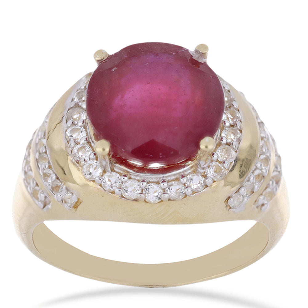 Anillo de Plata Bañada en Oro con Rubí de Madagascar y Topacio Blanco 2 