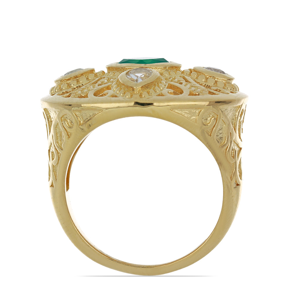 Anillo de Plata Bañada en Oro con Ágata Verde y Topacio Blanco 2 