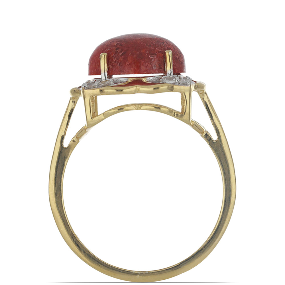 Anillo de Plata Bañada en Oro con Coral de Esponja Roja y Topacio Blanco 2 
