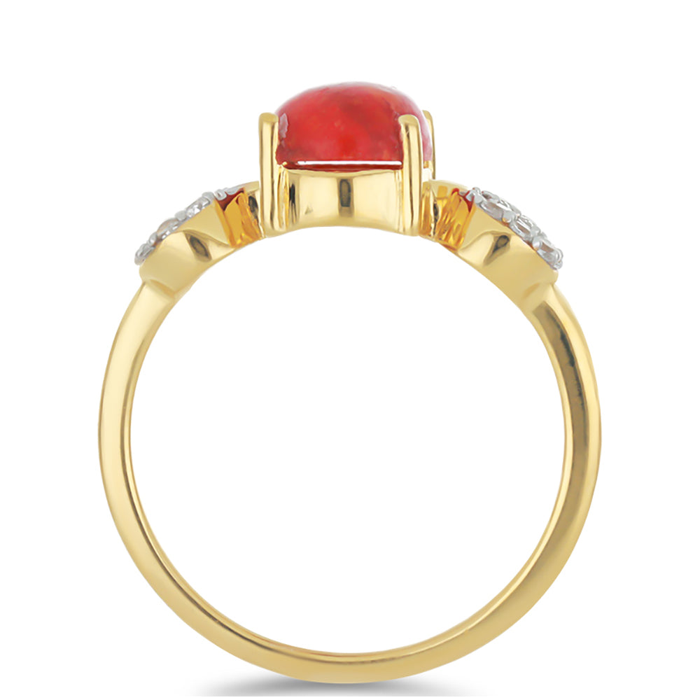 Anillo de Plata Bañada en Oro con Coral de Esponja Roja y Topacio Blanco 2 