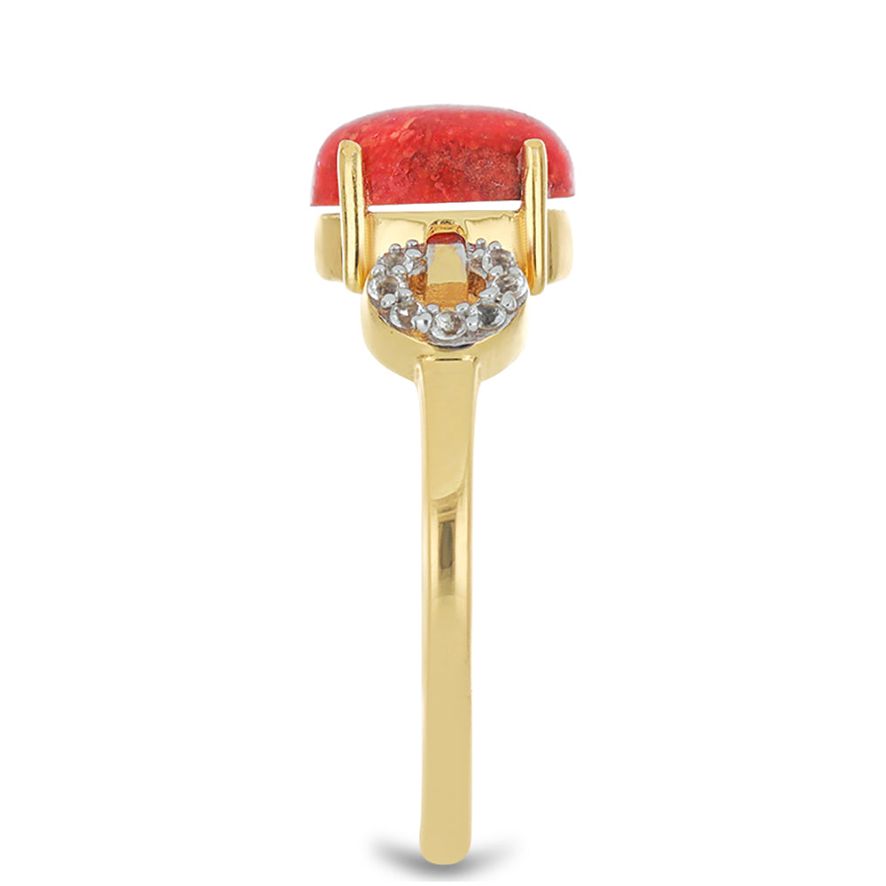 Anillo de Plata Bañada en Oro con Coral de Esponja Roja y Topacio Blanco 4 
