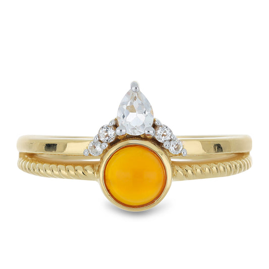 Anillo de Plata Bañada en Oro con Cornalina de Tagebau y Topacio Blanco