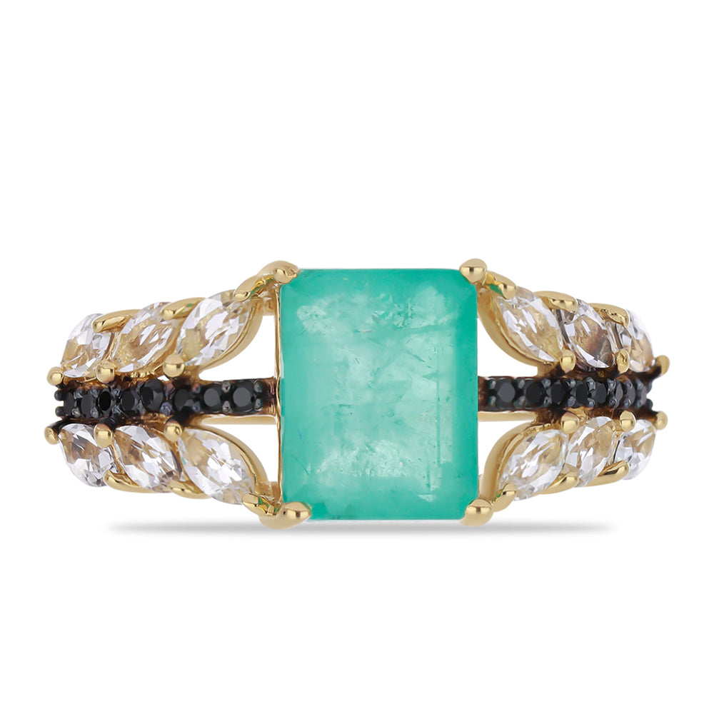 Anillo de Plata Bañada en Oro con Cuarzo Paraiba y Espinela Negra de Badakhshan Gorno