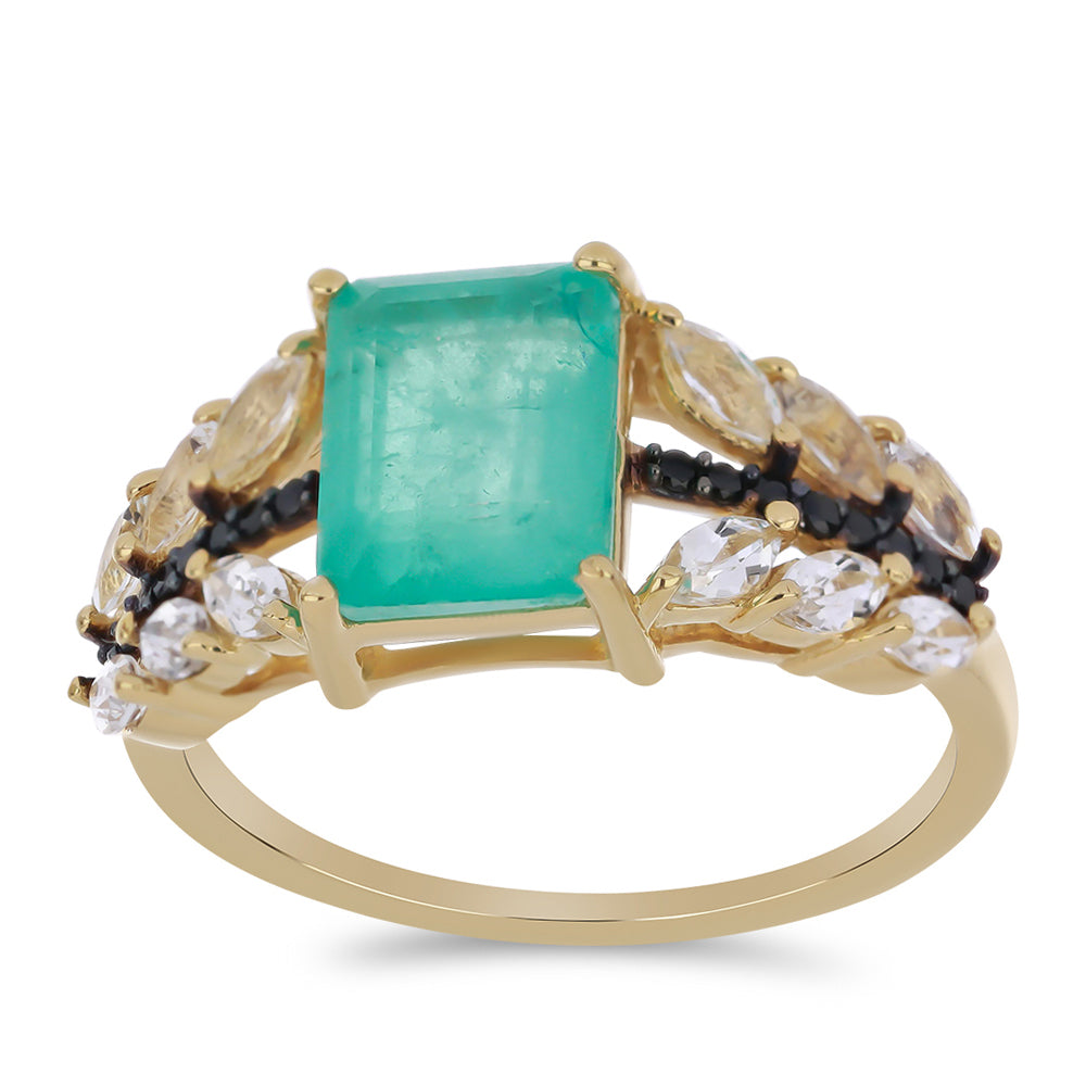 Anillo de Plata Bañada en Oro con Cuarzo Paraiba y Espinela Negra de Badakhshan Gorno 3 