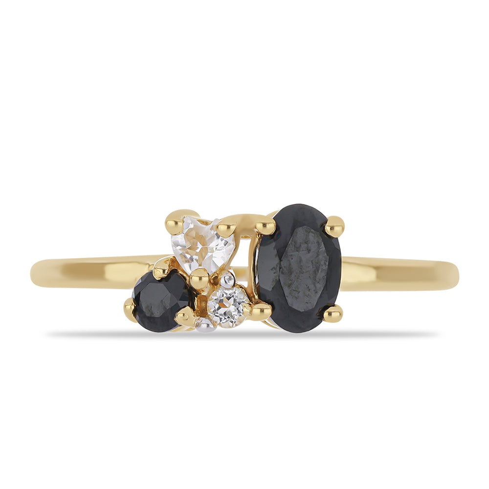 Anillo de Plata Bañada en Oro con Espinela Negra de Badakhshan Gorno y Topacio Blanco