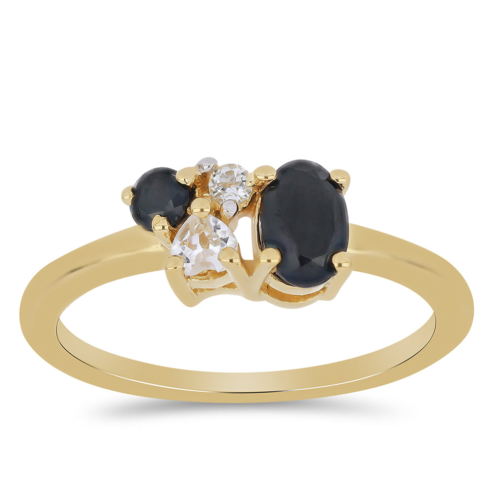 Anillo de Plata Bañada en Oro con Espinela Negra de Badakhshan Gorno y Topacio Blanco 3 