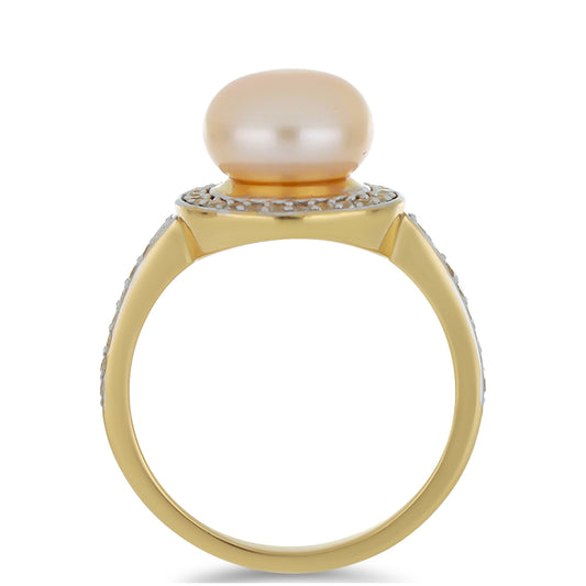 Anillo de Plata Bañada en Oro con Perla de agua dulce melocotón y Topacio Blanco