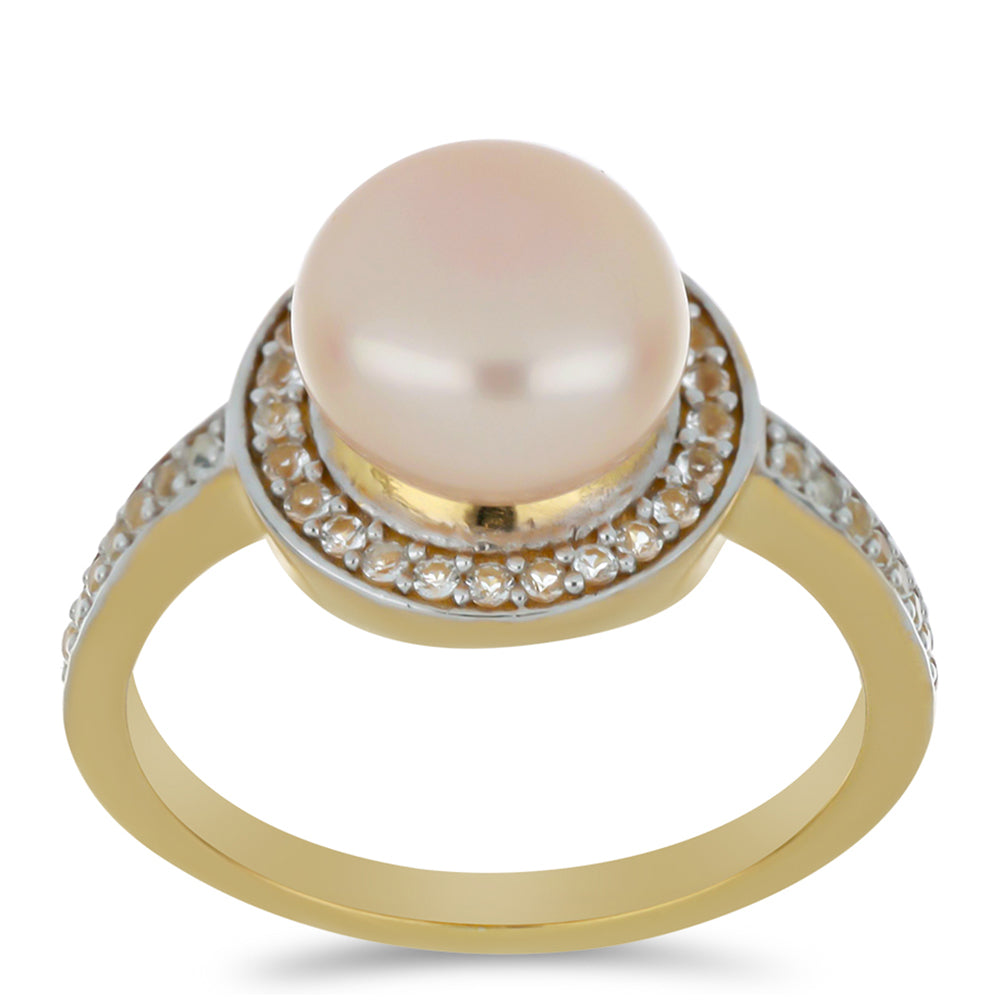Anillo de Plata Bañada en Oro con Perla de agua dulce melocotón y Topacio Blanco 3 