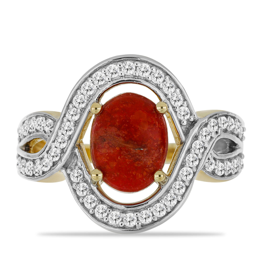 Anillo de Plata Bañada en Oro con Coral Rojo y Topacio Blanco 1 