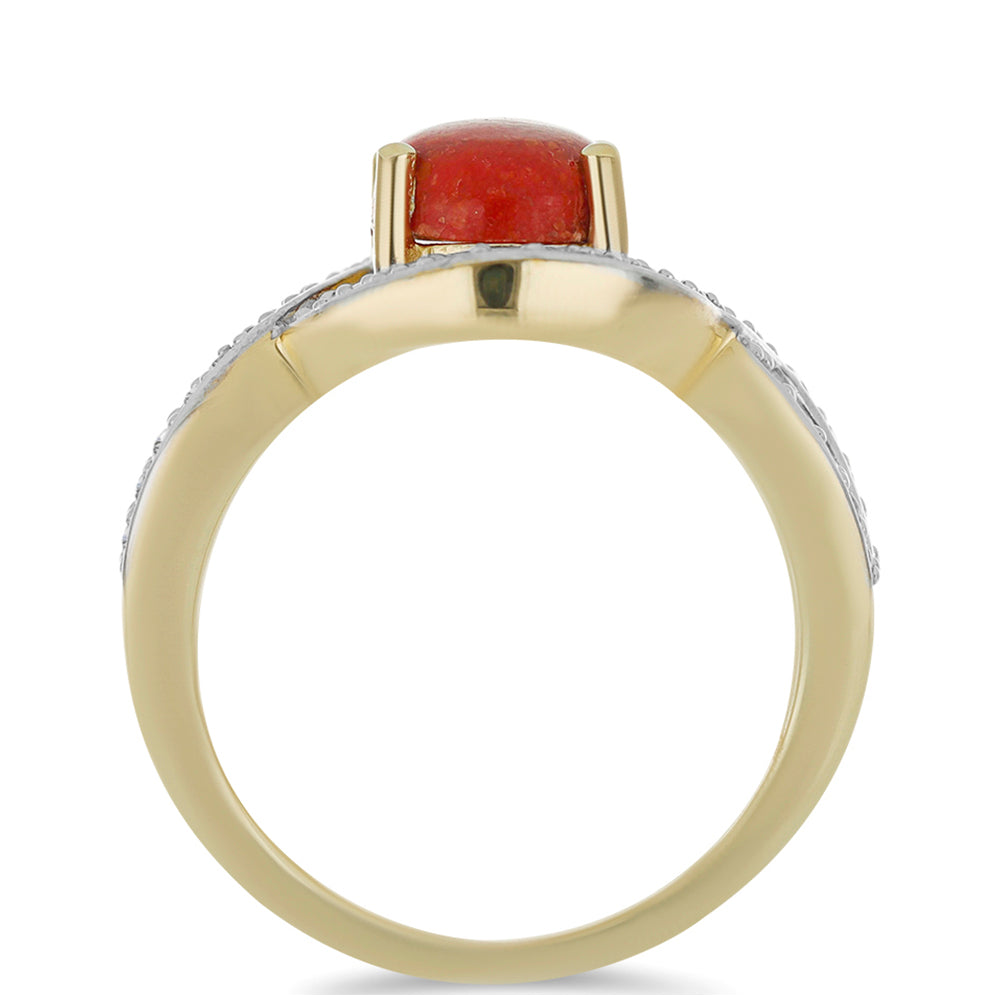 Anillo de Plata Bañada en Oro con Coral Rojo y Topacio Blanco