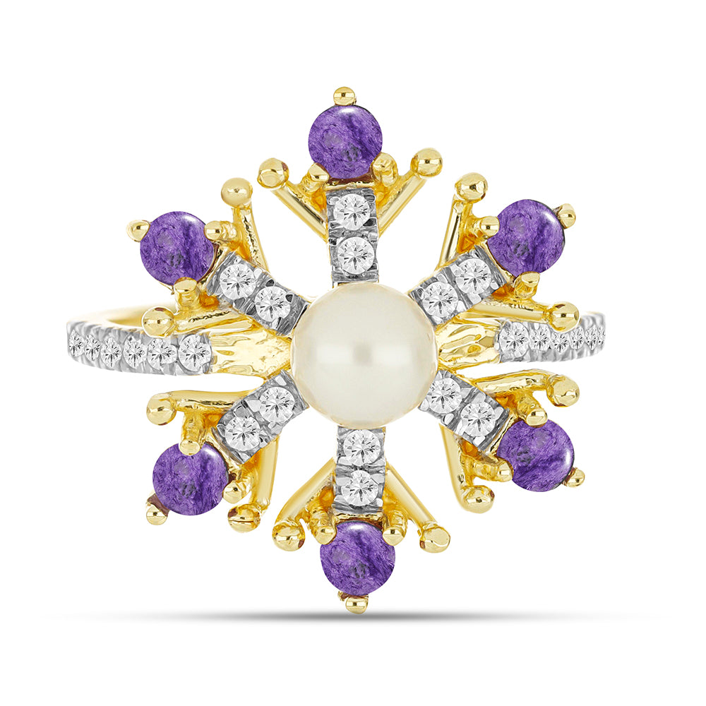 Anillo de Plata Bañada en Oro con Charoita y Perla de Agua Dulce 1 