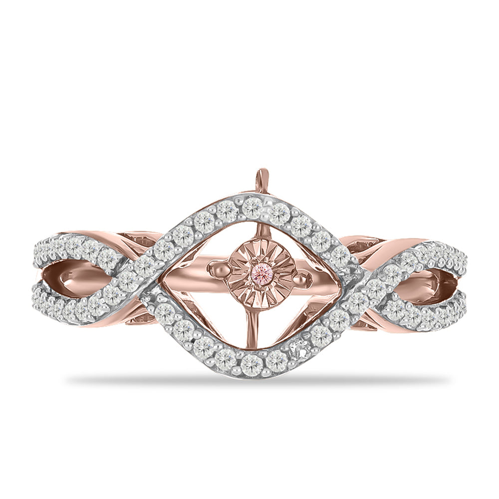 Anillo de Plata Bañada en Oro Rosa con Diamante Rosa Danzantes y Topacio Blanco