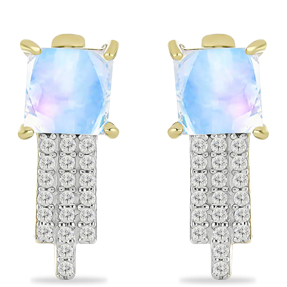 Pendientes de Plata Bañada en Oro con Piedra Lunar Arco Iris y Topacio Blanco 1 