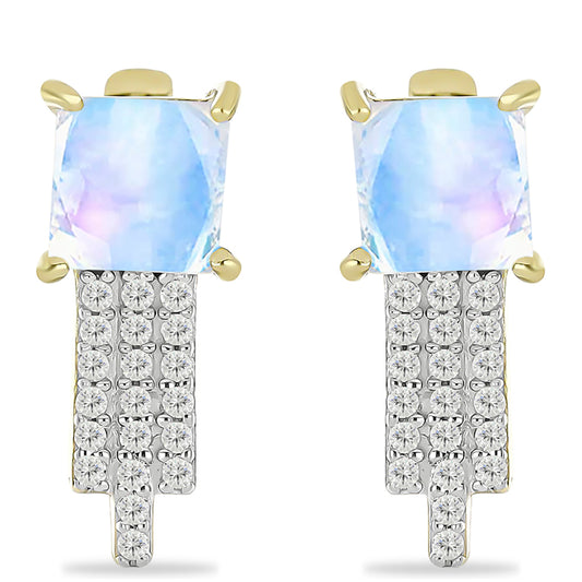 Pendientes de Plata Bañada en Oro con Piedra Lunar Arco Iris y Topacio Blanco