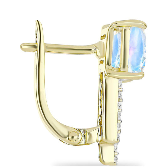 Pendientes de Plata Bañada en Oro con Piedra Lunar Arco Iris y Topacio Blanco