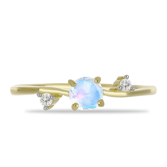 Anillo de Plata Bañada en Oro con Piedra Lunar Arco Iris y Topacio Blanco