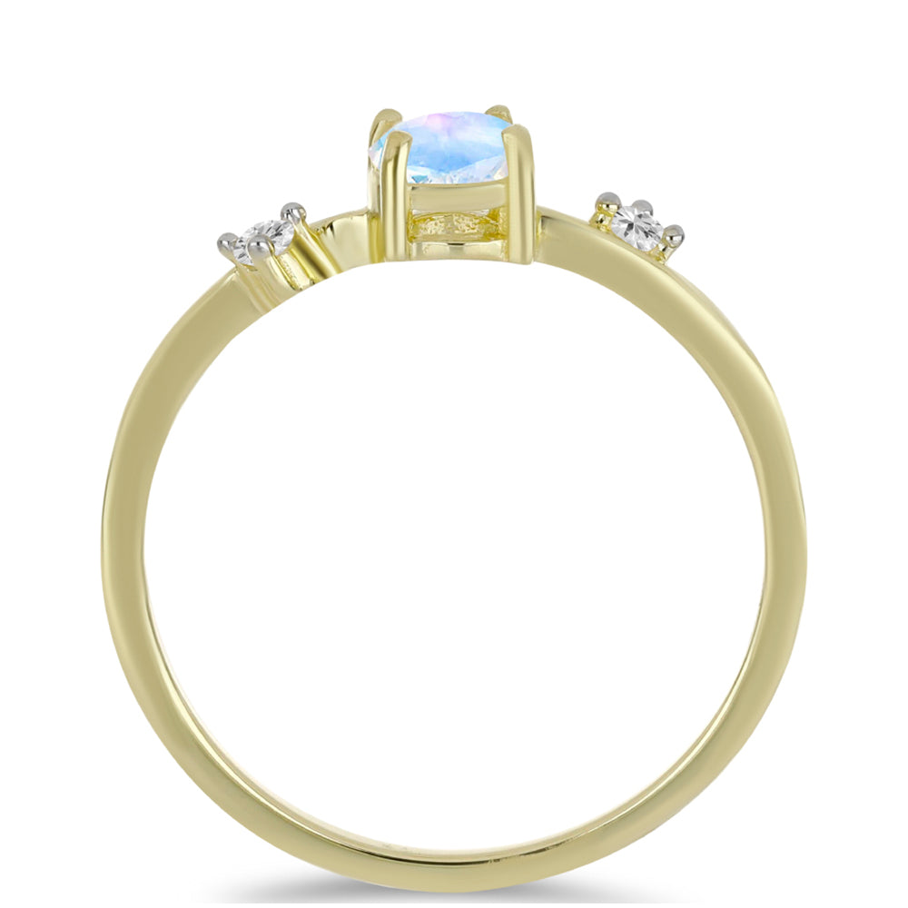 Anillo de Plata Bañada en Oro con Piedra Lunar Arco Iris y Topacio Blanco