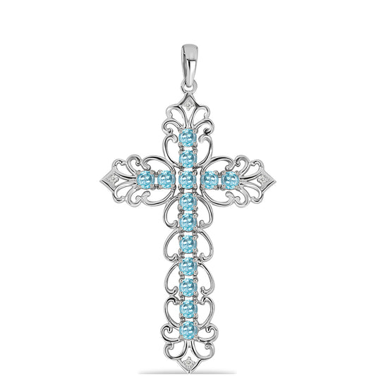 Cruz Colgante de Plata con Apatita Azul Cielo y Topacio Blanco