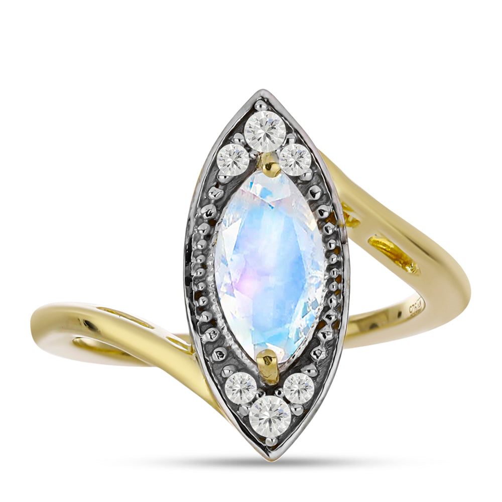 Anillo de Plata Bañada en Oro con Piedra Lunar Arco Iris y Topacio Blanco 1 