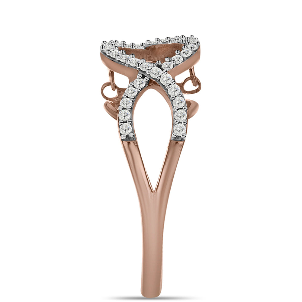 Anillo de Plata Bañada en Oro Rosa con Diamante Rosa Danzantes y Topacio Blanco