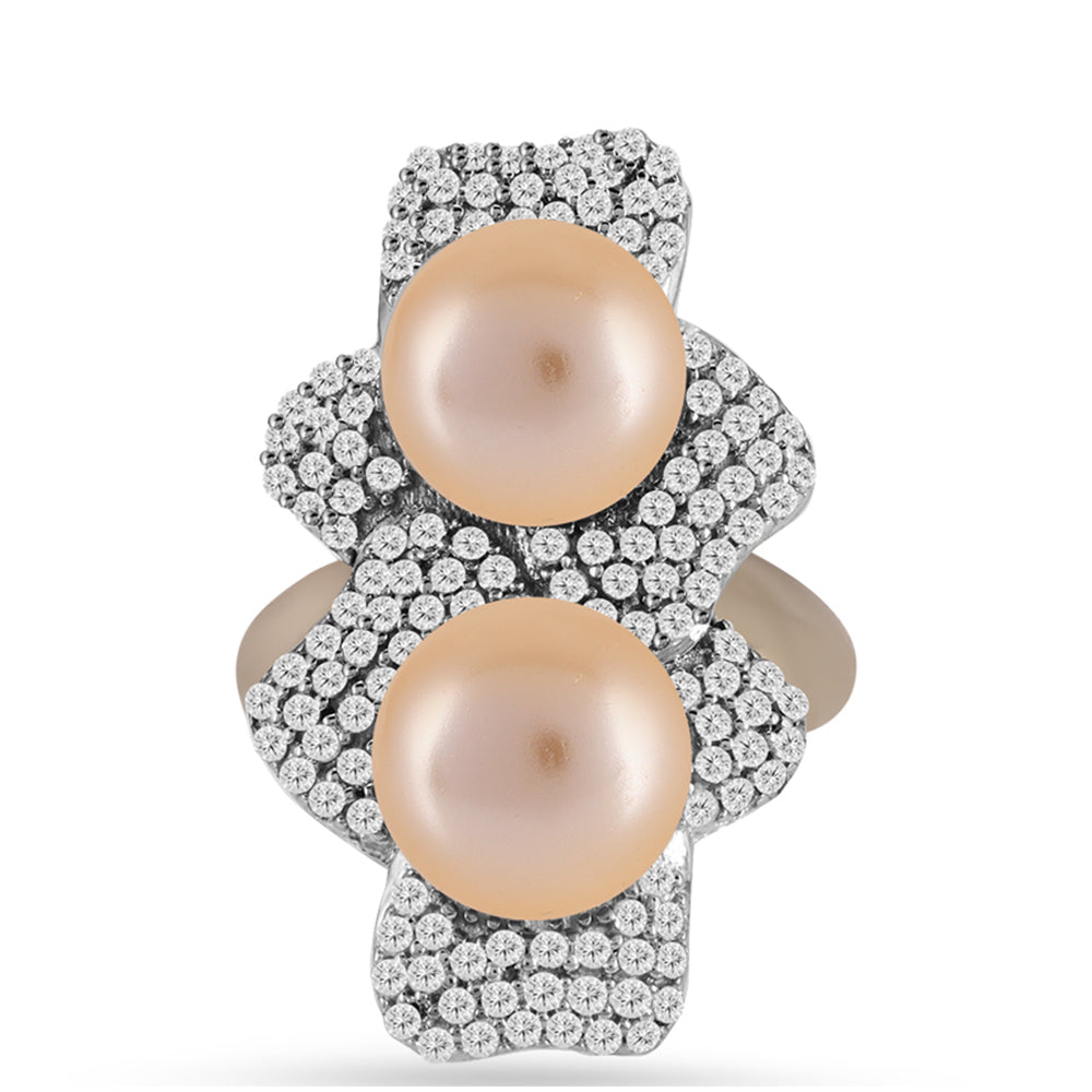 Anillo de Plata Bañada en Oro con Perla Dorada de Agua Dulce y Topacio Blanco 1 