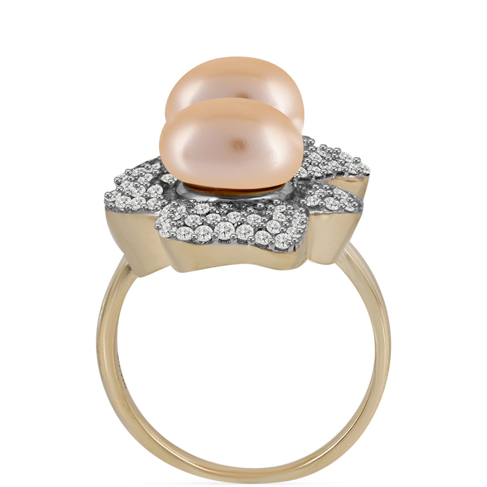 Anillo de Plata Bañada en Oro con Perla Dorada de Agua Dulce y Topacio Blanco 2 