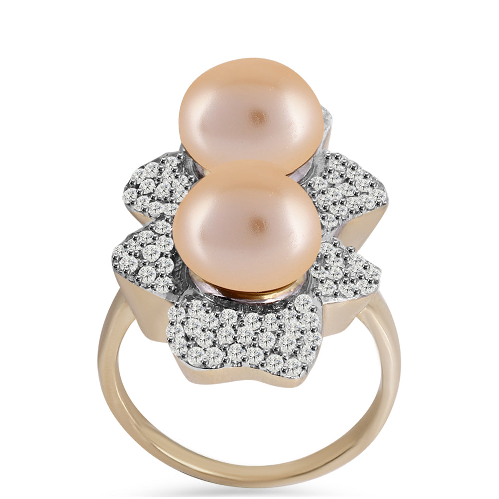 Anillo de Plata Bañada en Oro con Perla Dorada de Agua Dulce y Topacio Blanco