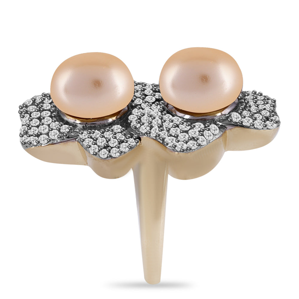 Anillo de Plata Bañada en Oro con Perla Dorada de Agua Dulce y Topacio Blanco 4 