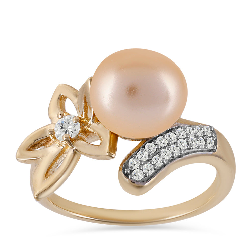 Anillo de Plata Bañada en Oro con Perla Dorada de Agua Dulce y Topacio Blanco