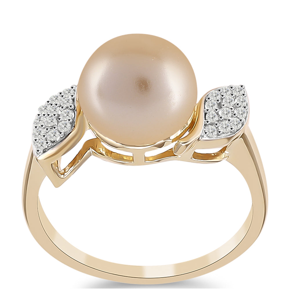Anillo de Plata Bañada en Oro con Perla Dorada de Agua Dulce y Topacio Blanco 2 
