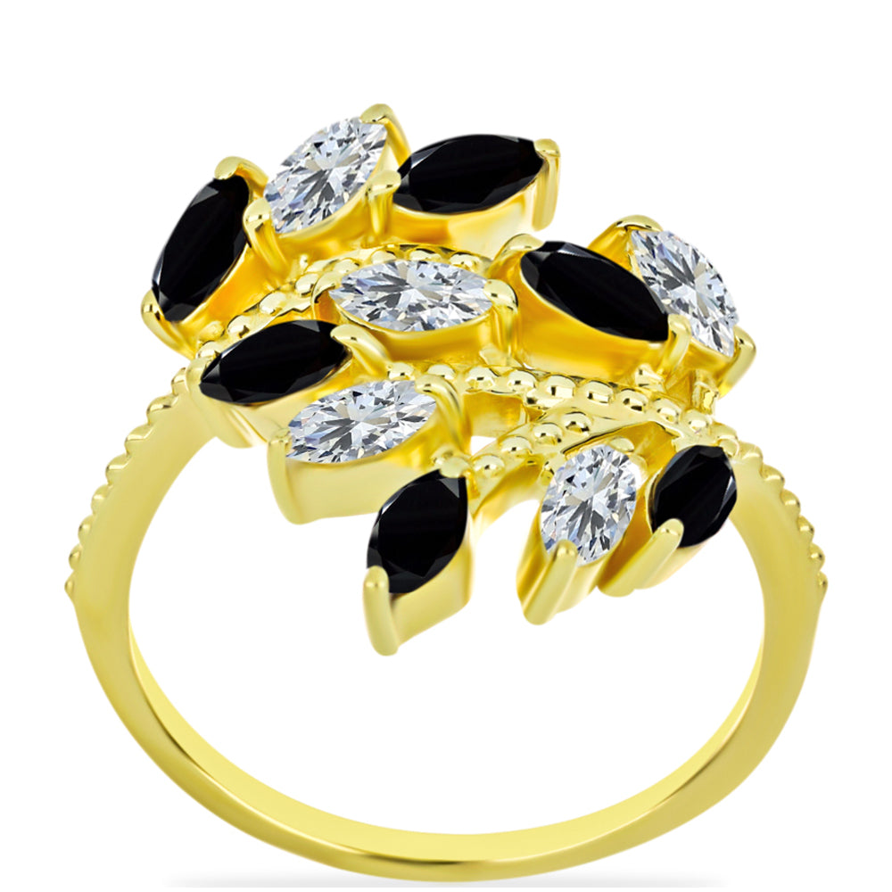 Anillo de Plata Bañada en Oro con Ónix Negro y Topacio Blanco 3 