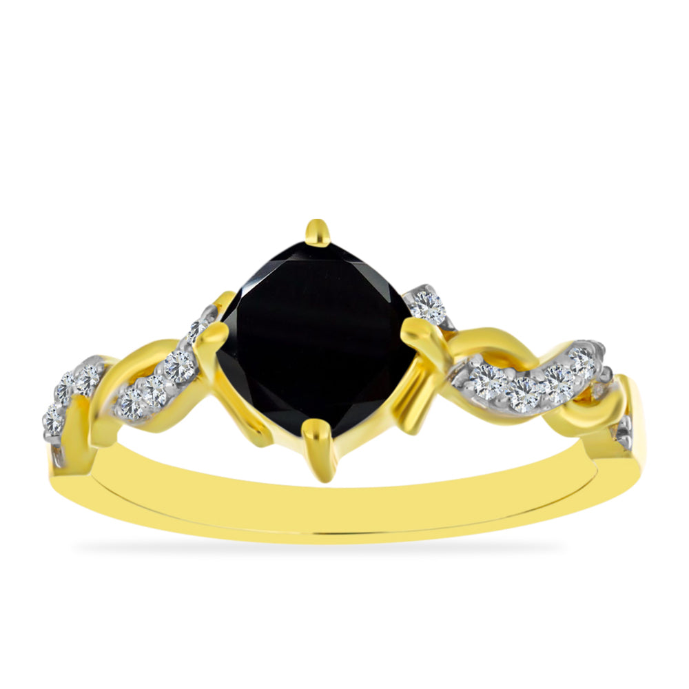 Anillo de Plata Bañada en Oro con Ónix Negro y Topacio Blanco