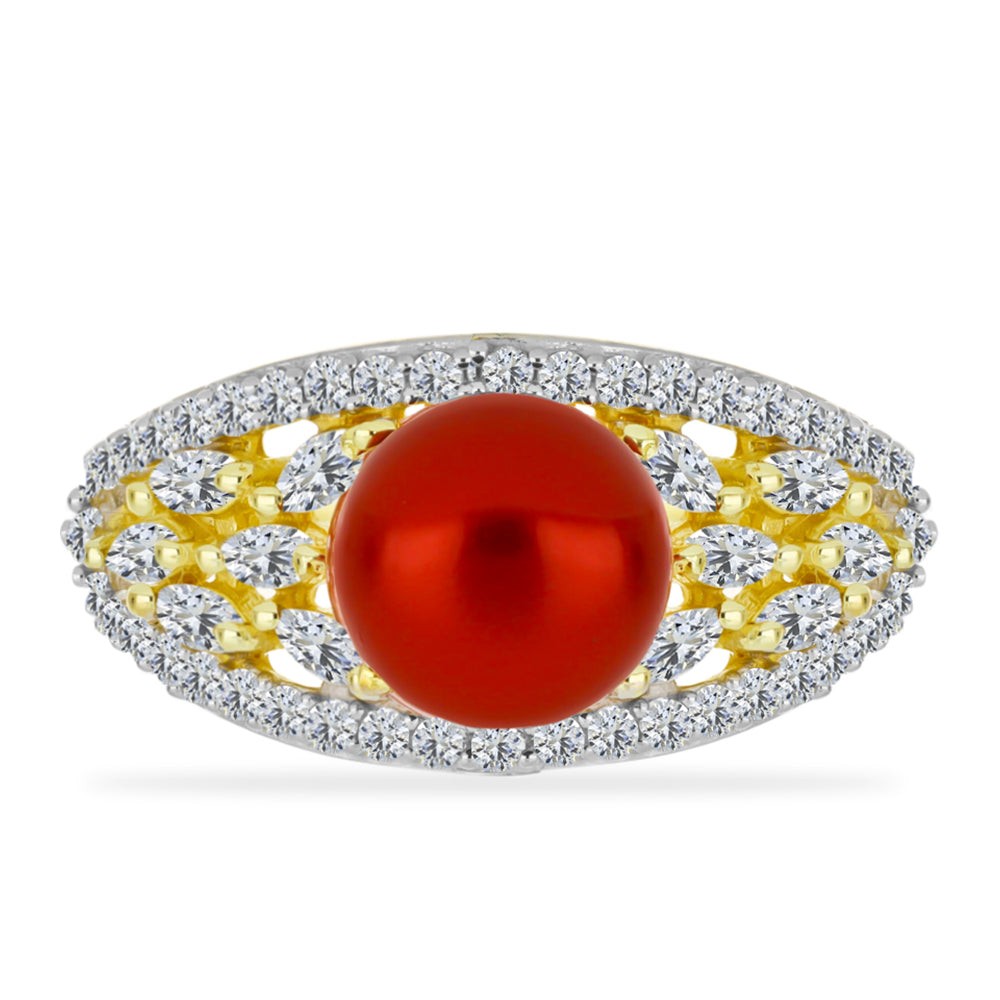 Anillo de Plata Bañada en Oro con Perla roja de río y Topacio Blanco 1 