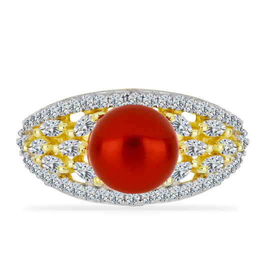 Anillo de Plata Bañada en Oro con Perla roja de río y Topacio Blanco