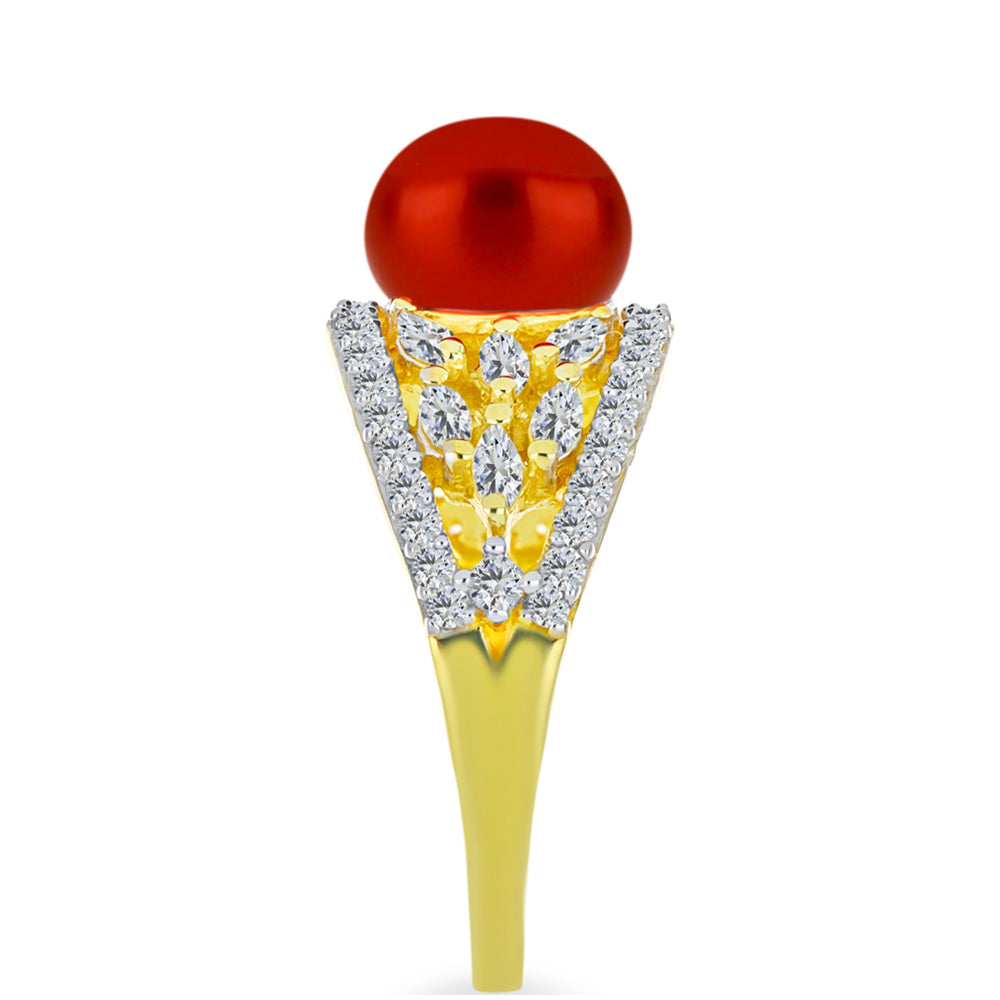 Anillo de Plata Bañada en Oro con Perla roja de río y Topacio Blanco 4 