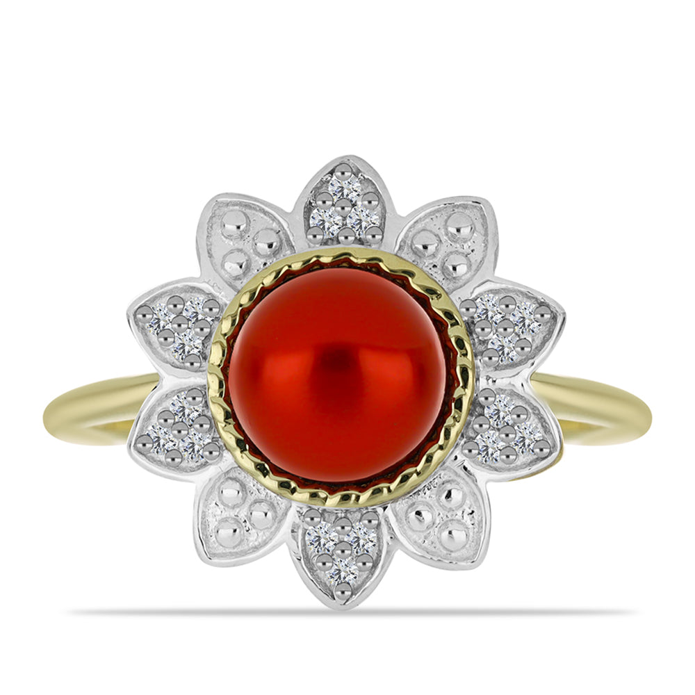 Anillo de Plata Bañada en Oro con Perla roja de río y Topacio Blanco