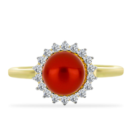 Anillo de Plata Bañada en Oro con Perla roja de río y Topacio Blanco