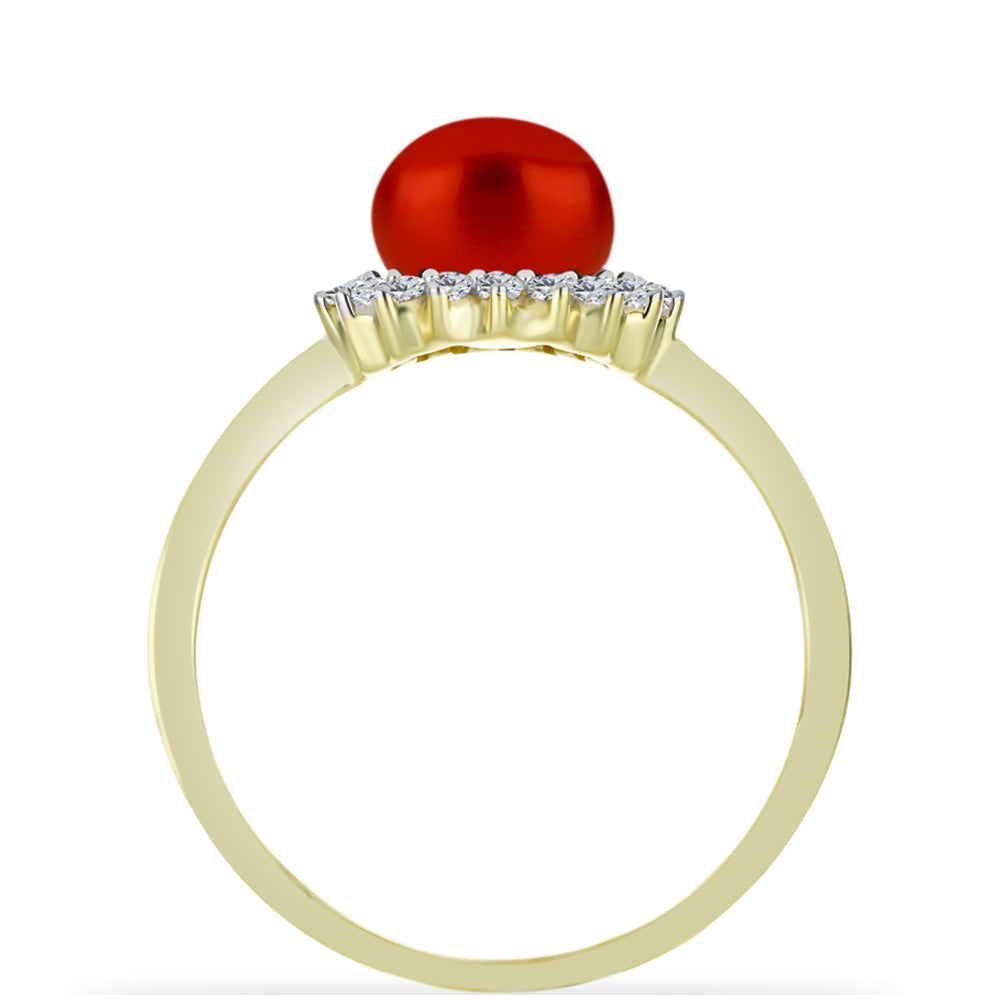 Anillo de Plata Bañada en Oro con Perla roja de río y Topacio Blanco 2 