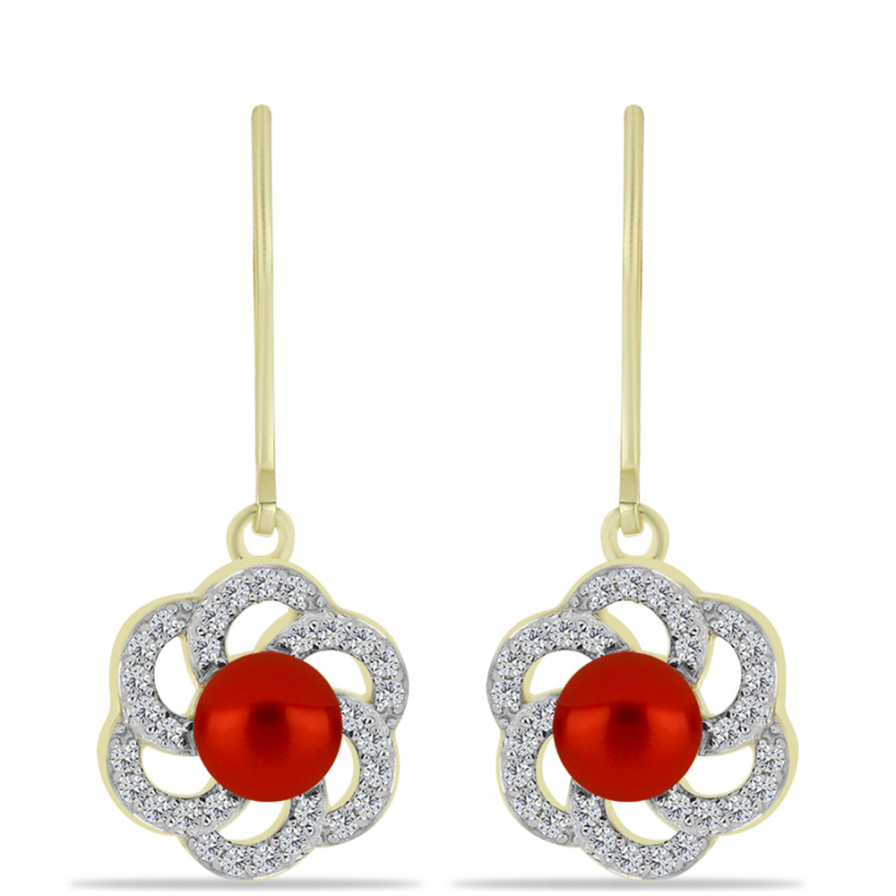 Pendientes de Plata Bañada en Oro con Perla roja de río y Topacio Blanco