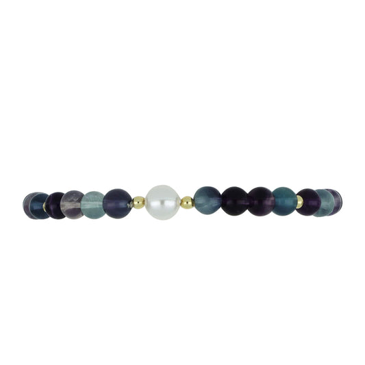 Pulsera de Plata Bañada en Oro con Fluorita y Perla de Agua Dulce Blanca Bicolor