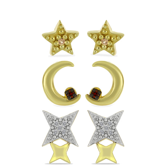 Conjunto de Plata Bañada en Oro con Diamante Champagne y Diamante blanco ( Pendientes )
