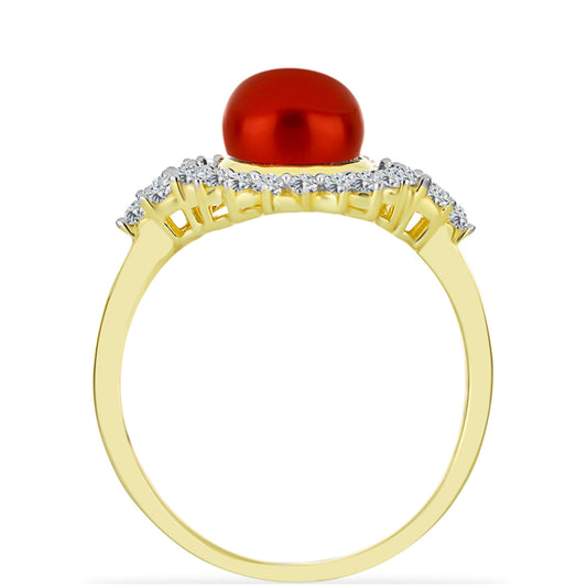 Anillo de Plata Bañada en Oro con Perla roja de río y Topacio Blanco